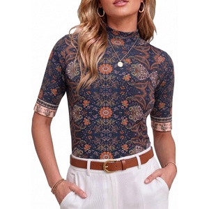 image:imagePrinStory Womens Tops Mock Neck Short Sleeve T Shirts Dressy Casual Ribbed Knit Slim Fit Summer Business Going Out Tops 2026B11 Blue Ethnic Feather