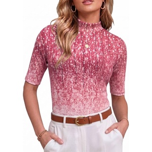 image:imagePrinStory Womens Tops Mock Neck Short Sleeve T Shirts Dressy Casual Ribbed Knit Slim Fit Summer Business Going Out Tops 2026B16 Gradient Pink Vine