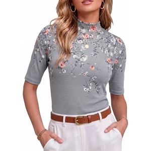 image:imagePrinStory Womens Tops Mock Neck Short Sleeve T Shirts Dressy Casual Ribbed Knit Slim Fit Summer Business Going Out Tops 2026B17 Gray Green Peony