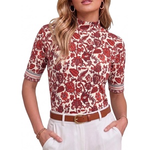 image:imagePrinStory Womens Tops Mock Neck Short Sleeve T Shirts Dressy Casual Ribbed Knit Slim Fit Summer Business Going Out Tops 2026B21 Red Porcelain