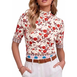 image:imagePrinStory Womens Tops Mock Neck Short Sleeve T Shirts Dressy Casual Ribbed Knit Slim Fit Summer Business Going Out Tops 2026B22 Red Rose Ethnic