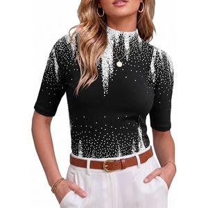 image:imagePrinStory Womens Tops Mock Neck Short Sleeve T Shirts Dressy Casual Ribbed Knit Slim Fit Summer Business Going Out Tops 2026B23 White Black Geometric