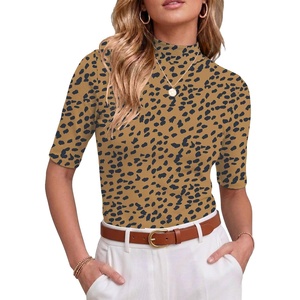 image:imagePrinStory Womens Tops Mock Neck Short Sleeve T Shirts Dressy Casual Ribbed Knit Slim Fit Summer Business Going Out Tops 2026B4 Leopard Apricot