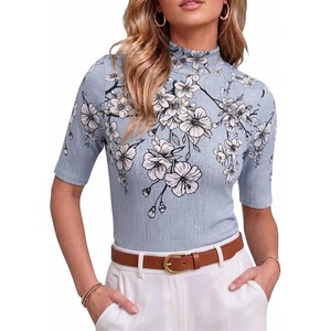 image:imagePrinStory Womens Tops Mock Neck Short Sleeve T Shirts Dressy Casual Ribbed Knit Slim Fit Summer Business Going Out Tops 2026Dw Light Gray Branch