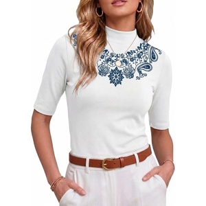 image:imagePrinStory Womens Tops Mock Neck Short Sleeve T Shirts Dressy Casual Ribbed Knit Slim Fit Summer Business Going Out Tops 2026Dw White Blue Collar