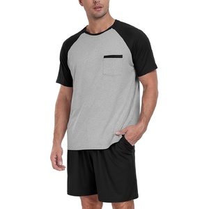 image:imageMens Pajamas Set Short Sleeve Raglan Shirts and Shorts Lounge Sleepwear05black