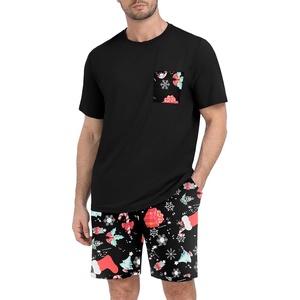 image:imageMens Pajamas Set Short Sleeve Raglan Shirts and Shorts Lounge SleepwearFp Black Christmas Gift