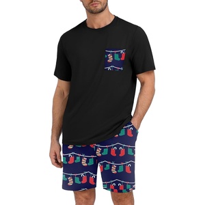 image:imageMens Pajamas Set Short Sleeve Raglan Shirts and Shorts Lounge SleepwearFp Blue Christmas Sock