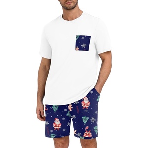 image:imageMens Pajamas Set Short Sleeve Raglan Shirts and Shorts Lounge SleepwearFp Blue Santa