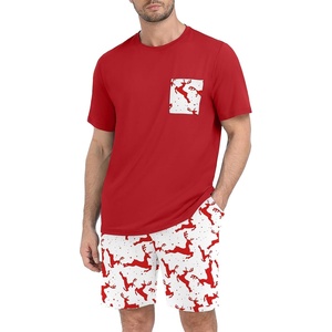 image:imageMens Pajamas Set Short Sleeve Raglan Shirts and Shorts Lounge SleepwearFp White Red Elk