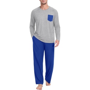 image:imageMens Pajamas Set Shirt and Pants Relaxed Fit Soft Fall Loungewear SleepwearRoyal Blue Light Gy