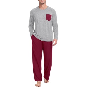 image:imageMens Pajamas Set Shirt and Pants Relaxed Fit Soft Fall Loungewear SleepwearWine Red Light Gray
