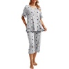 image:imagePrinStory Womens Pajama Set Short Sleeve Shirt and Capri Pants Sleepwear Pjs Set with PocketsBlack Star Gray