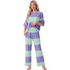 image:imagePrinStory Womens Pajama Sets Striped Pajama Set with PocketsFplight Green Pl Sp