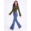 image:imageWomens Bell Long Sleeve Crop Cinched Waist Ribbed Knit Going Out Tops 2026Army Green