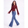 image:imageWomens Bell Long Sleeve Crop Cinched Waist Ribbed Knit Going Out Tops 2026Dark Red