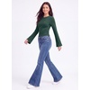 image:imageWomens Bell Long Sleeve Crop Cinched Waist Ribbed Knit Going Out Tops 2026Emerald Green