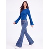 image:imageWomens Bell Long Sleeve Crop Cinched Waist Ribbed Knit Going Out Tops 2026Royal Blue