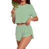 image:imagePrinStory Womens Pajama Sets Side Split Shorts Pj Set Cute Pjs 2 Piece Summer Lounge SetsFpgreen White Stripe