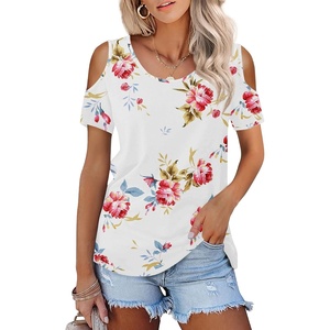 image:imagePrinStory Womens Blouse Tunic Tops ShortLong Sleeve Cold Off Shoulder Round Neck Casual Loose ShirtsC Floral Print White