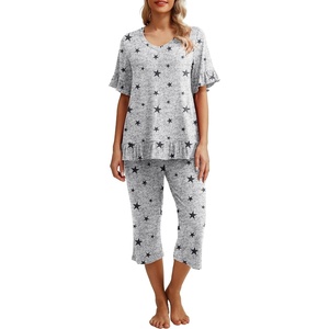 image:imagePrinStory Womens Pajama Set Short Sleeve Shirt and Capri Pants Sleepwear Pjs Set with PocketsBlack Star Gray