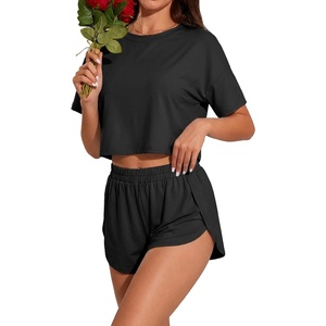 image:imagePrinStory Womens Pajama Sets Side Split Shorts Pj Set Cute Pjs 2 Piece Summer Lounge SetsBlack