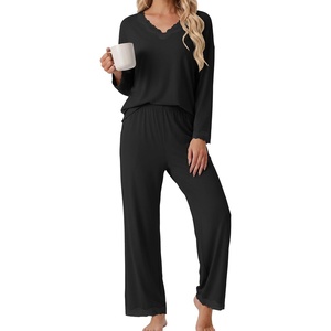 image:imagePrinStory Womens Pajamas Sets 2 Piece V Neck Pj Set with Lace TrimBlack