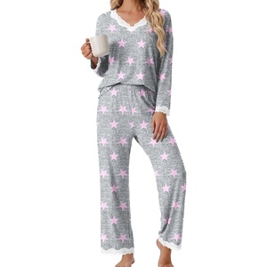 image:imagePrinStory Womens Pajamas Sets 2 Piece V Neck Pj Set with Lace TrimFppink Star