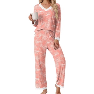 image:imagePrinStory Womens Pajamas Sets 2 Piece V Neck Pj Set with Lace TrimFppink Sunflower