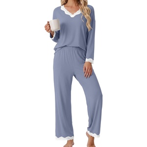 image:imagePrinStory Womens Pajamas Sets 2 Piece V Neck Pj Set with Lace TrimGray Blue