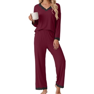 image:imagePrinStory Womens Pajamas Sets 2 Piece V Neck Pj Set with Lace TrimWine Red