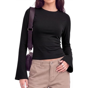 image:imageWomens Bell Long Sleeve Crop Cinched Waist Ribbed Knit Going Out Tops 20260 Black