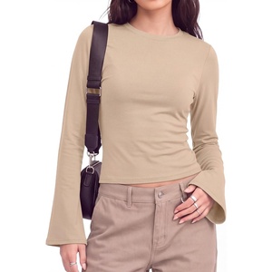 image:imageWomens Bell Long Sleeve Crop Cinched Waist Ribbed Knit Going Out Tops 2026Apricot