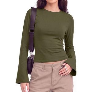 image:imageWomens Bell Long Sleeve Crop Cinched Waist Ribbed Knit Going Out Tops 2026Army Green