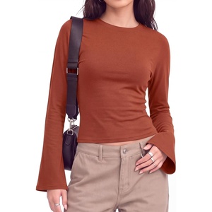 image:imageWomens Bell Long Sleeve Crop Cinched Waist Ribbed Knit Going Out Tops 2026Caramel
