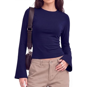 image:imageWomens Bell Long Sleeve Crop Cinched Waist Ribbed Knit Going Out Tops 2026Dark Blue