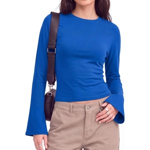 image:imageWomens Bell Long Sleeve Crop Cinched Waist Ribbed Knit Going Out Tops 2026Royal Blue