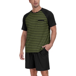 image:imageMens Pajamas Set Short Sleeve Raglan Shirts and Shorts Lounge Sleepwear01black Green Stripe